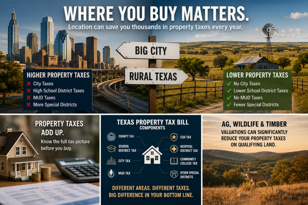 Texas city versus rural property tax comparison showing differences in city, school district, MUD, and special district taxes