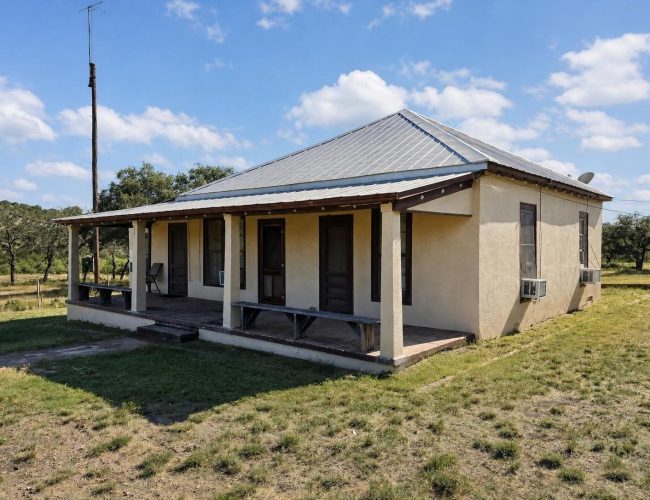 3E Ranch stucco house with metal roof and long covered porch